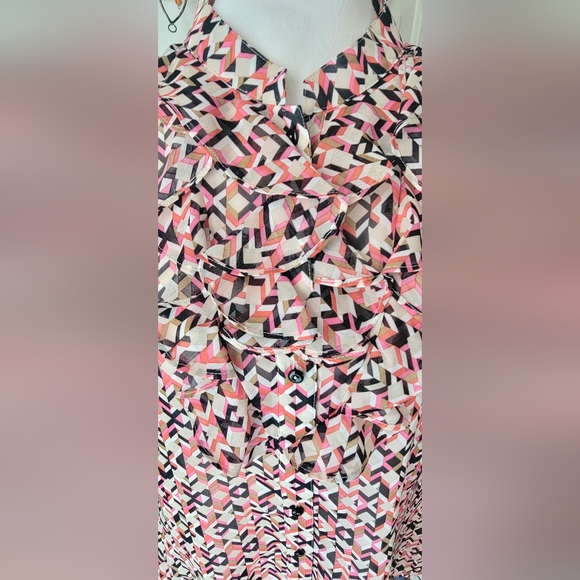 TAHARI Sleeveless Blouse Women's XL Pink Black & Tan Abstract Semi Sheer Ruffled - Picture 7 of 13